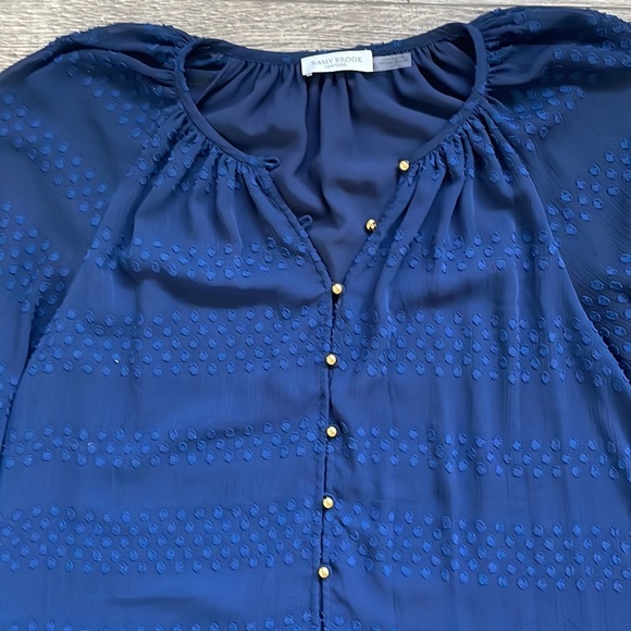 Ramy Brook | Blue Semi Sheer Swiss Dot Gold Button Peasant Blouse Size Small - Picture 4 of 10
